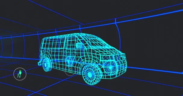 动画图标处理的状态数据超过3D面包车模型移动的黑色背景 运输和燃料技术 工程设计和数码视讯接口概念 — 图库视频影像