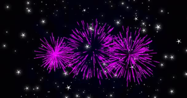 Animação Natal Rosa Fogos Artifício Ano Novo Explodindo Céu Estrelado — Vídeo de Stock