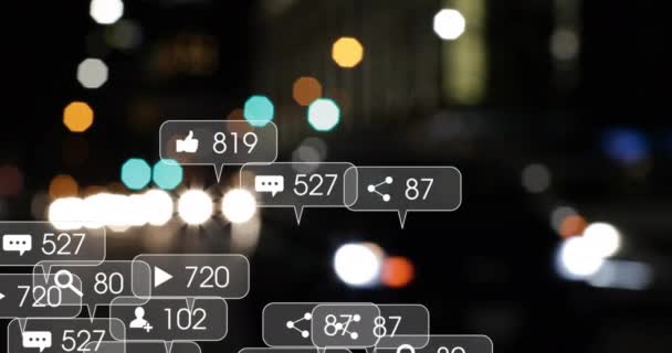 Animation Von Social Media Symbolen Und Zahlen Über Unscharfe Städte — Stockvideo