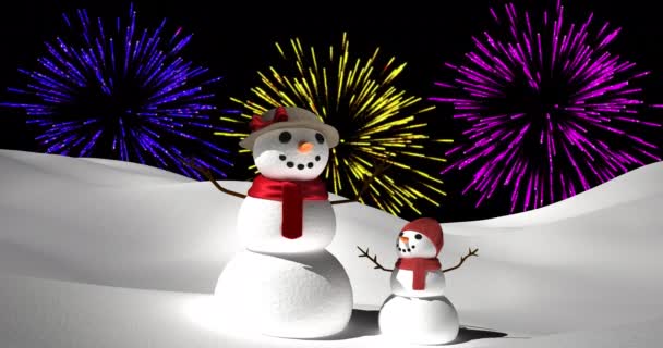 Animación Fuegos Artificiales Colores Que Explotan Sobre Muñecos Nieve Navideños — Vídeo de stock