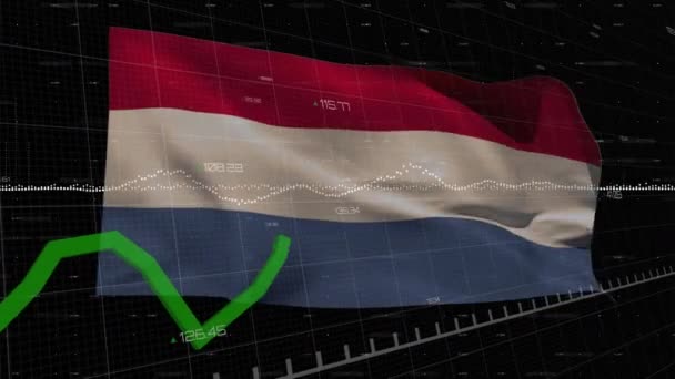 黒の背景にオランダの国旗にグラフとデータ処理のアニメーション オランダの経済とビジネスの概念をデジタルで — ストック動画