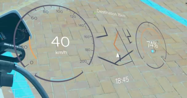 Animering Hastighetsmätare Gps Och Laddningsstatusdata Gränssnitt Över Laddning Elbil Transport — Stockvideo