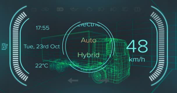 ハイブリッド車インターフェース上の速度計および電力状態データのアニメーション 3Dトラックモデル上 — ストック動画
