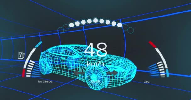 車両インターフェース上の速度計 Gpsおよび充電ステータスデータのアニメーション 3D車モデル上 輸送と技術 エンジニアリング設計とデジタルインターフェースの概念デジタル生成されたビデオ — ストック動画