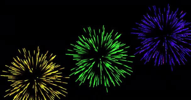 Animatie Van Kleurrijke Kerst Nieuwjaar Vuurwerk Exploderen Zwarte Achtergrond Kerstmis — Stockvideo