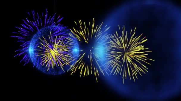 Animación Brillantes Esferas Azules Con Navidad Fuegos Artificiales Año Nuevo — Vídeo de stock