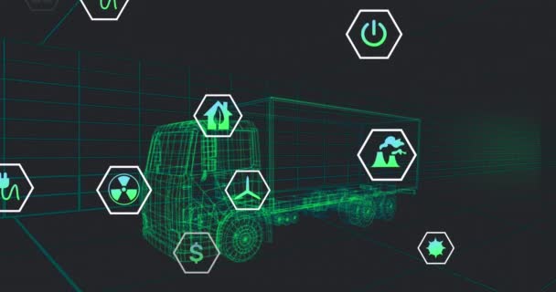 动画图标处理状态数据超过3D卡车模型移动的黑色背景 运输和燃料技术 工程设计和数码视讯接口概念 — 图库视频影像