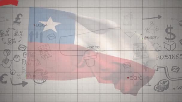 Animering Databehandling Finans Ikoner Och Diagram Över Chile Flagga Grå — Stockvideo