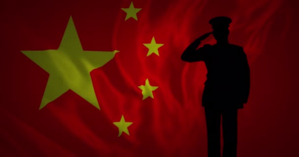Animacja Flagi Chin Nad Sylwetką Żołnierzy Chińskie Siły Zbrojne Koncepcja — Wideo stockowe