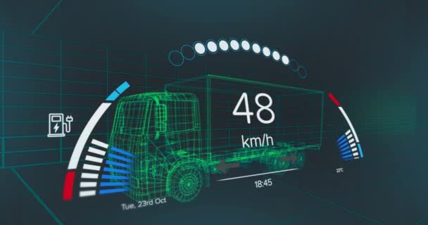 Animacja Prędkościomierza Gps Danych Stanu Naładowania Interfejsie Pojazdu Ponad Modelu — Wideo stockowe