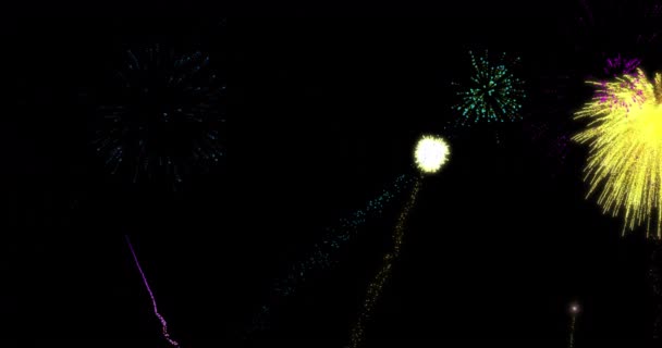 Animação Natal Colorido Fogos Artifício Ano Novo Explodindo Céu Noturno — Vídeo de Stock