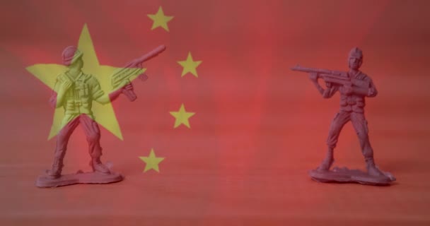 Анимация Флага Китая Над Игрушечными Солдатиками Китайские Вооруженные Силы Концепция — стоковое видео