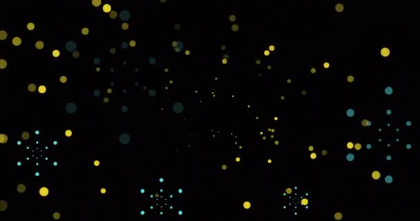 Animazione Esplosioni Fuochi Artificio Blu Bokeh Macchie Luce Gialla Sfondo — Video Stock