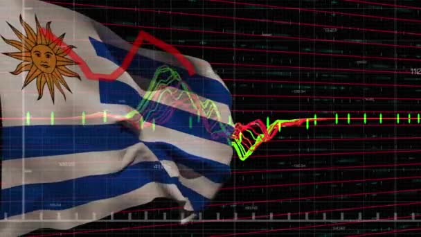 Animacja Przetwarzania Danych Wykresy Nad Flagą Urugwaju Czarnym Tle Urugwajska — Wideo stockowe
