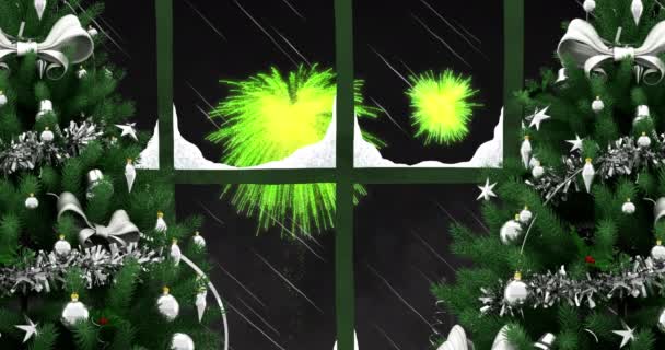 Анимация Окна Снегом Рождественскими Деревьями Зелеными Фейерверками Взрывающимися Ночном Небе — стоковое видео
