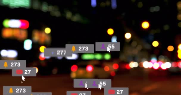 Animation Von Social Media Symbolen Und Zahlen Über Unscharfe Städte — Stockvideo
