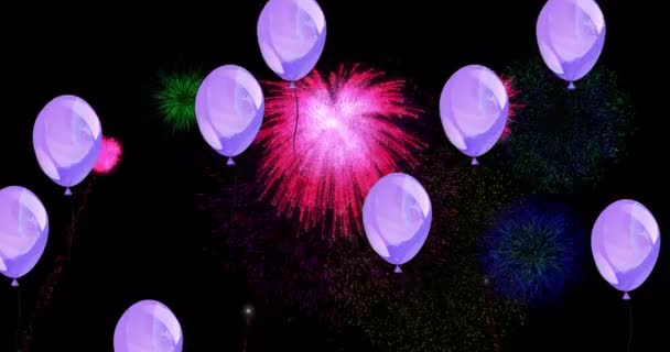 Animatie Van Lila Ballonnen Met Kleurrijke Kerst Nieuwjaar Vuurwerk Exploderen — Stockvideo