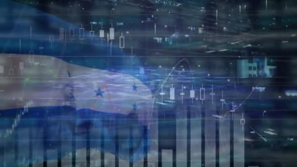 배경에 호두라 깃발에 그래프와 데이터 애니메이션 온두라스의 경제와 개념은 디지털로 — 비디오