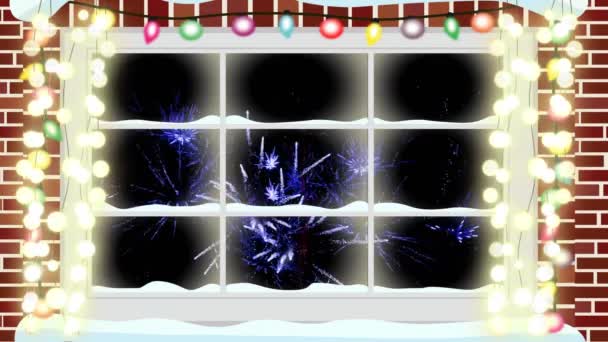 Animazione Finestra Con Luci Natale Fuochi Artificio Rosa Che Esplodono — Video Stock