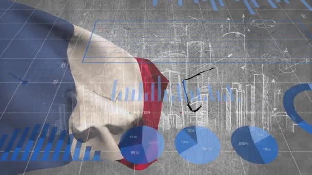 Κινούμενα Σχέδια Και Επεξεργασία Δεδομένων Πάνω Από Σημαία Της Γαλλίας — Αρχείο Βίντεο