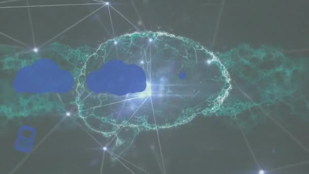 Animação Cérebro Humano Fita Dna Nuvens Digitais Com Dispositivos Eletrônicos — Vídeo de Stock