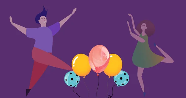 Image Illustration Happy Man Woman Dancing Joy Balloons Purple Background — Stock Photo, Image