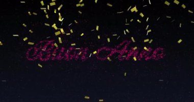Buon annee metninin pembe, yeni yıl havai fişekleri ve gece gökyüzünde altın konfetisiyle animasyonu. Noel, yeni yıl, kutlama, parti ve geleneksel konsept dijital olarak oluşturulmuş video.