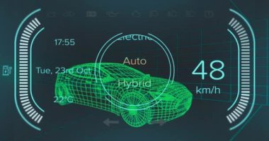 Hız göstergesi, GPS ve hibrit araba arayüzü üzerindeki durum verilerinin animasyonu, 3D kamyon modeli. Ulaşım ve teknoloji, mühendislik tasarımı ve dijital arayüz konsepti dijital olarak oluşturulmuş video.