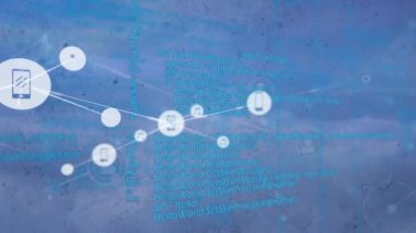 Mavi arkaplandaki simgelerle bağlantı ağının canlandırılması. küresel bağlantılar ve ağ konsepti dijital olarak oluşturulmuş video.
