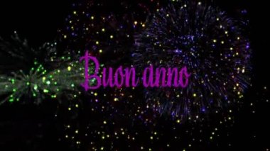 Renkli yeni yıl havai fişeklerinin gece gökyüzünde patladığı pembe buon anno metnin animasyonu. Noel, yeni yıl, kutlama, parti ve geleneksel konsept dijital olarak oluşturulmuş video.