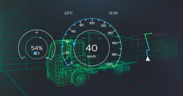 車両インターフェース上の速度計 Gpsおよび充電ステータスデータのアニメーション 3Dトラックモデル上 輸送と技術 エンジニアリング設計とデジタルインターフェースの概念デジタル生成されたビデオ — ストック動画
