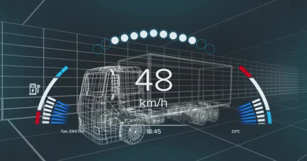 Animering Hastighetsmätare Gps Och Laddningsstatusdata Fordonsgränssnittet Över Lastbilsmodell Transport Och — Stockvideo