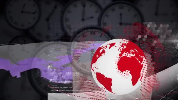 Animace Globální Sítě Map Zpracování Dat Přes Hodiny Globální Komunikační — Stock video