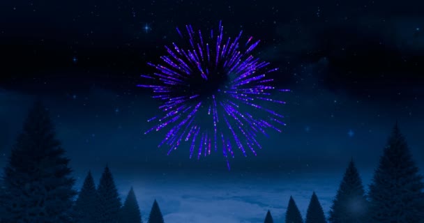 Animacja Fioletowych Świąt Noworoczne Fajerwerki Eksplodujące Nad Drzewami Nocnym Niebie — Wideo stockowe