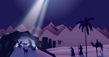 Yılbaşı doğum sahnesinin gece görüntüsü. Noel, gelenek ve kutlama konsepti dijital olarak oluşturuldu.