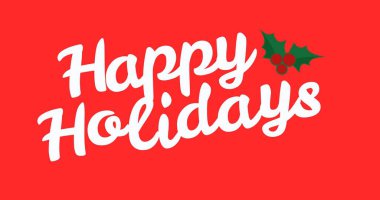 Kırmızı arka planda vişneli ve yapraklı beyaz yazı tipi tatilin kutlu olsun. dijital kompozit ve noel tebriği.