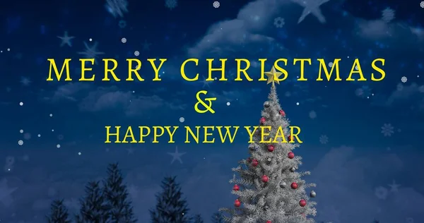 Boldog Karácsonyt Évet Kíván Szöveget Díszített Ellen Hópelyhek Csillagok Digitális — Stock Fotó