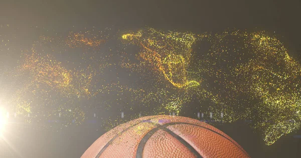 Изображение Светящихся Частиц Золота Движущихся Над Баскетболом Спорт Концепция Соревнований — стоковое фото