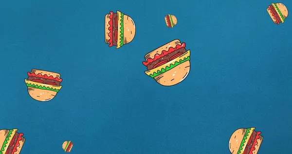 Caída Hamburguesas Sándwich Americano Cayendo Sobre Fondo Azul Con Espacio — Foto de Stock