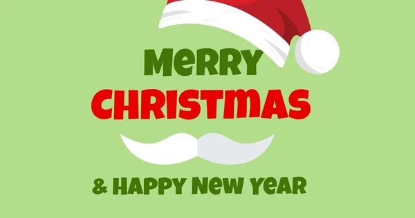 Vánoční Novoroční Pozdrav Text Santou Klobouk Knírek Přes Zelené Pozadí — Stock fotografie