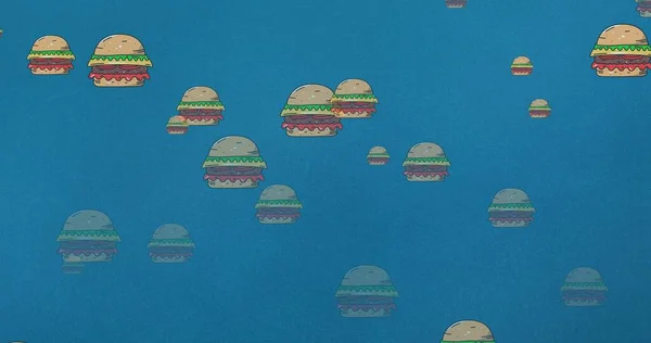 Digitaal Composiet Beeld Van Amerikaanse Hamburger Sandwiches Tegen Blauwe Abstracte — Stockfoto