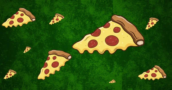 Obraz Plasterków Pizzy Pepperoni Ruchomym Zielonym Tle Rozmazanym Koncepcja Żywności — Zdjęcie stockowe