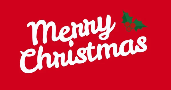 Καλά Χριστούγεννα Λευκή Γραμματοσειρά Κεράσια Και Φύλλα Κόκκινο Φόντο Ψηφιακός — Φωτογραφία Αρχείου