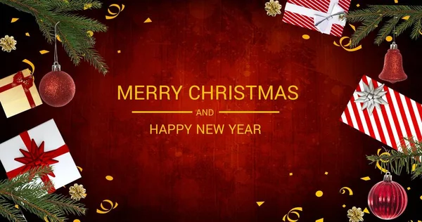 Nový Rok Vánoce Pozdrav Text Uprostřed Dárky Dekorace Stole Digitální — Stock fotografie