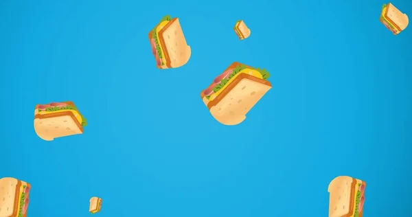 Digital Composite Image Falling Cheese Sandwiches Blue Background Multiple Image — Stock Photo, Image