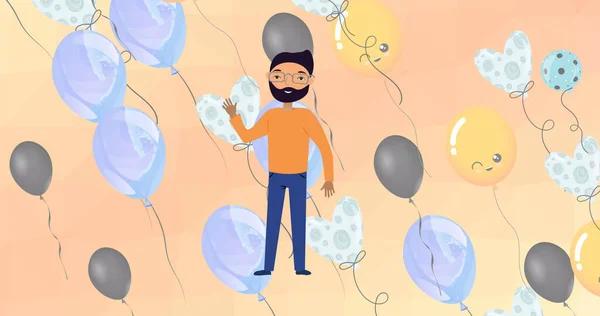 Şeftali Arka Planında Balonlarla Sallayan Mutlu Sakallı Bir Adamın Resmi — Stok fotoğraf