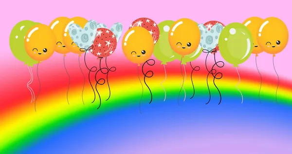 Imagem Ilustração Balões Sobre Arco Íris Sobre Fundo Rosa Conceito — Fotografia de Stock
