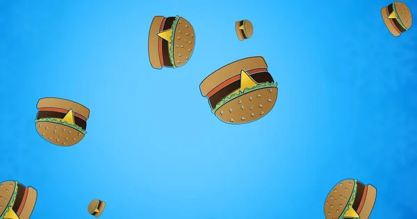 Cyfrowy Złożony Obraz Spadających Amerykańskich Kanapek Hamburgerowych Niebieskim Tle Wieloraki — Zdjęcie stockowe