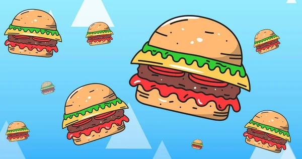 Obraz Cheeseburgerów Rosnącymi Białymi Trójkątami Niebieskim Tle Koncepcja Żywności Żywienia — Zdjęcie stockowe