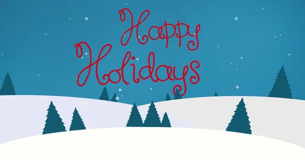 夜空に対して木と雪に覆われた風景の上に幸せな休日のテキストのデジタル複合画像 クリスマスの挨拶冬の風景と創造性 — ストック写真